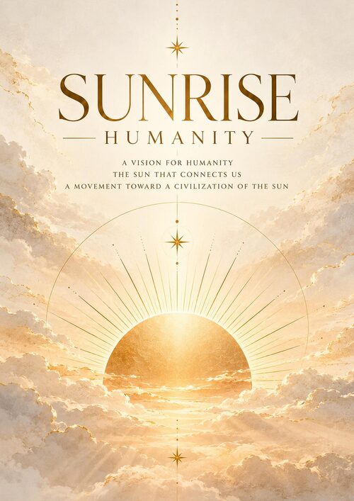 Cover of the English edition of Sunrise Humanity: a golden sun rising through clouds, with the title Sunrise Humanity.