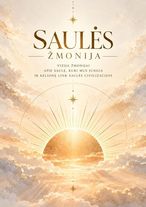 Lietuviško leidimo „Saulės žmonija“ viršelis: auksinė saulė, kylanti pro debesis, ir pavadinimas Saulės žmonija.